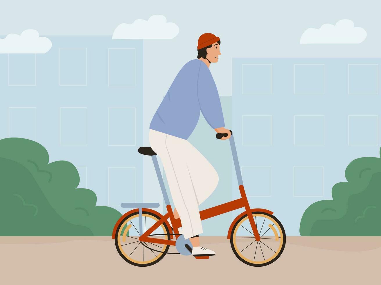 Stylish man riding street folding bicycle in city vector flat illustration. Trendy looking male in hat rides urban eco friendly fold up red bike. Young guy cycling. Hipster commuting to work.