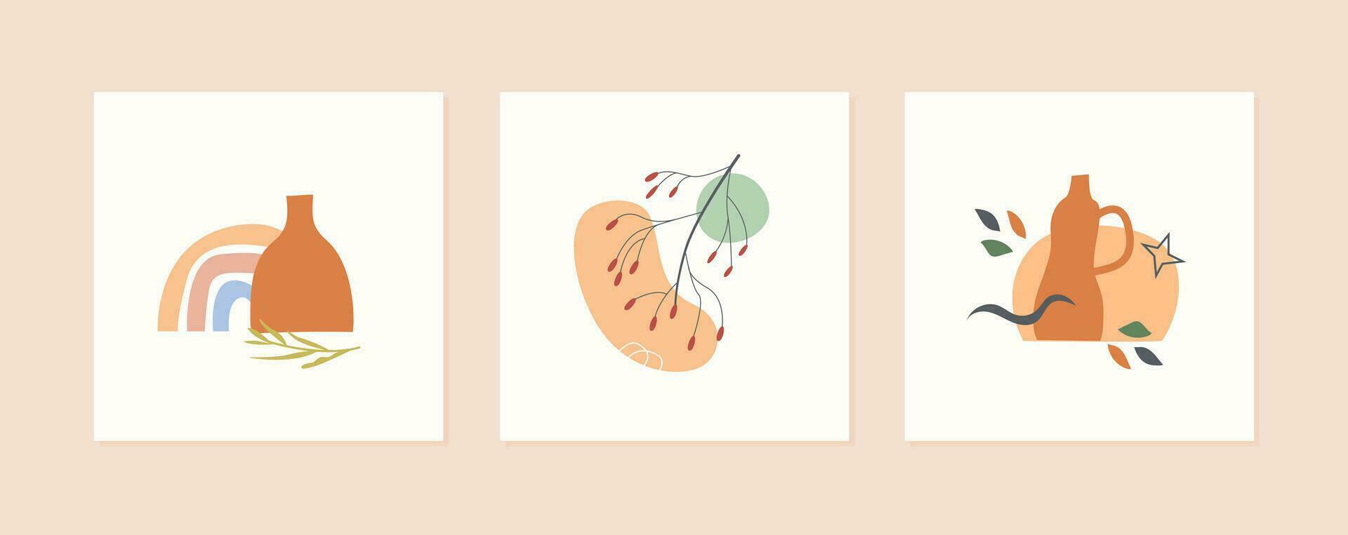 Set of autumn mood abstract square card templates with vase, plants, branches, rainbow and geometric shapes. Trendy poster. Fall season nature minimal wall art. Vector illustration flat freehand style