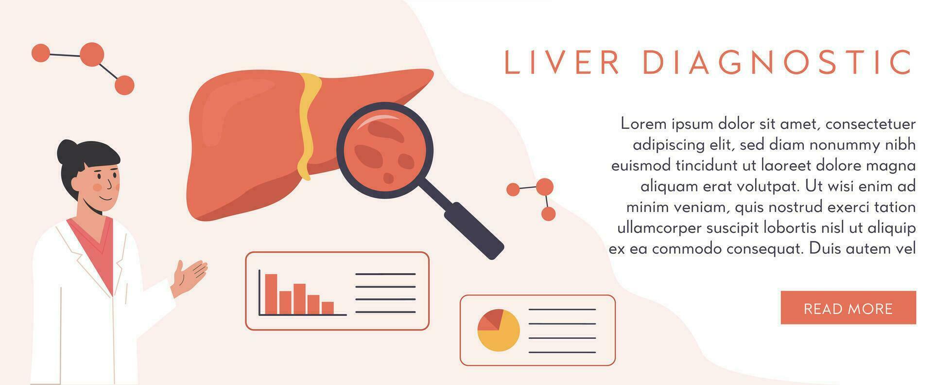 Concept of Consulting Doctor. Hospital Check Up. Liver Organ Diagnostics with magnifying glass. Researcher studying liver tissue. Medical Scientist. Hepatology. Flat Vector Illustration.