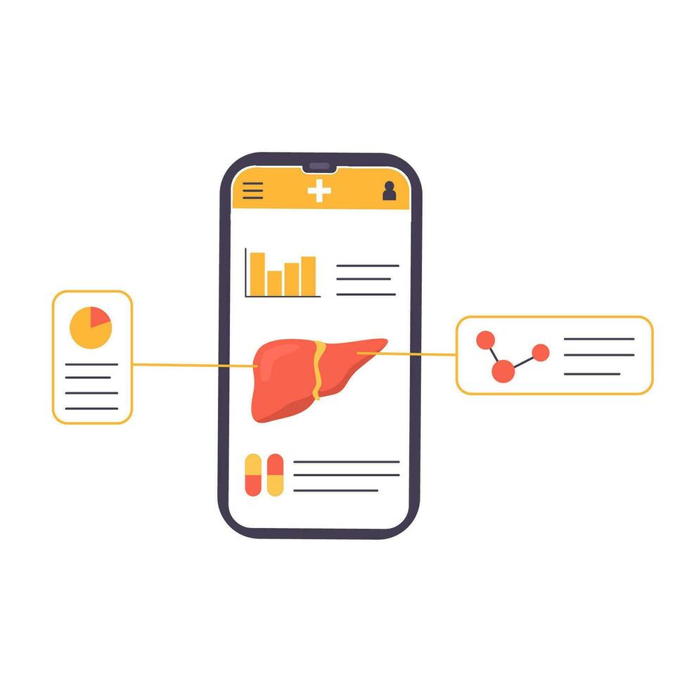 Concept of Consulting Doctor. Hospital Check Up. Liver Organ Diagnostics with magnifying glass. Researcher studying liver tissue. Medical Scientist. Hepatology. Flat Vector Illustration.