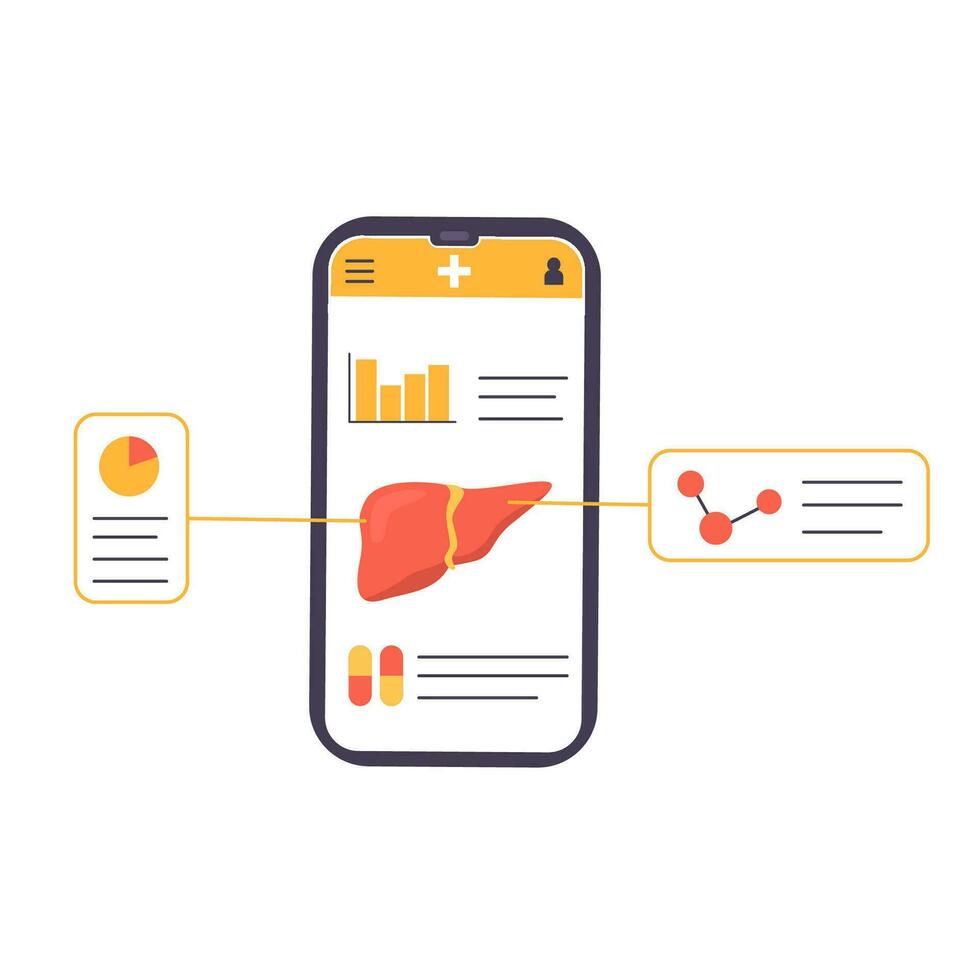 concepto de consultante doctor. hospital cheque arriba. hígado Organo diagnósticos con aumentador vaso. investigador estudiando hígado tejido. médico científico. hepatología. plano vector ilustración.