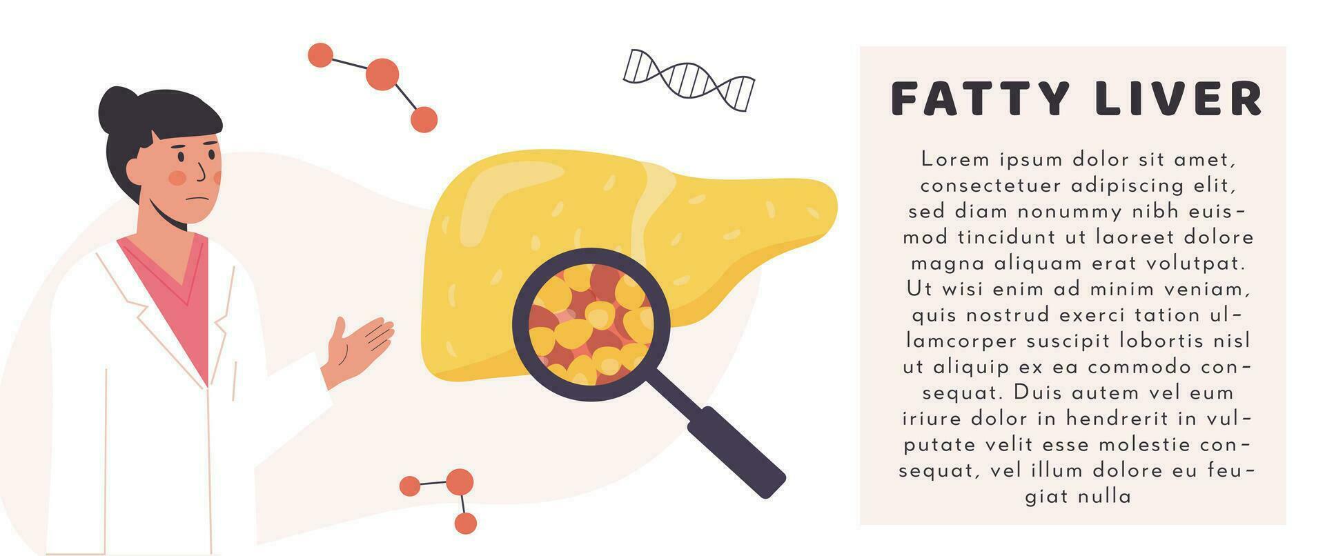 Concept of Consulting Doctor. Hospital Check Up. Liver Organ Diagnostics with magnifying glass. Researcher studying liver tissue. Medical Scientist. Hepatology. Flat Vector Illustration.