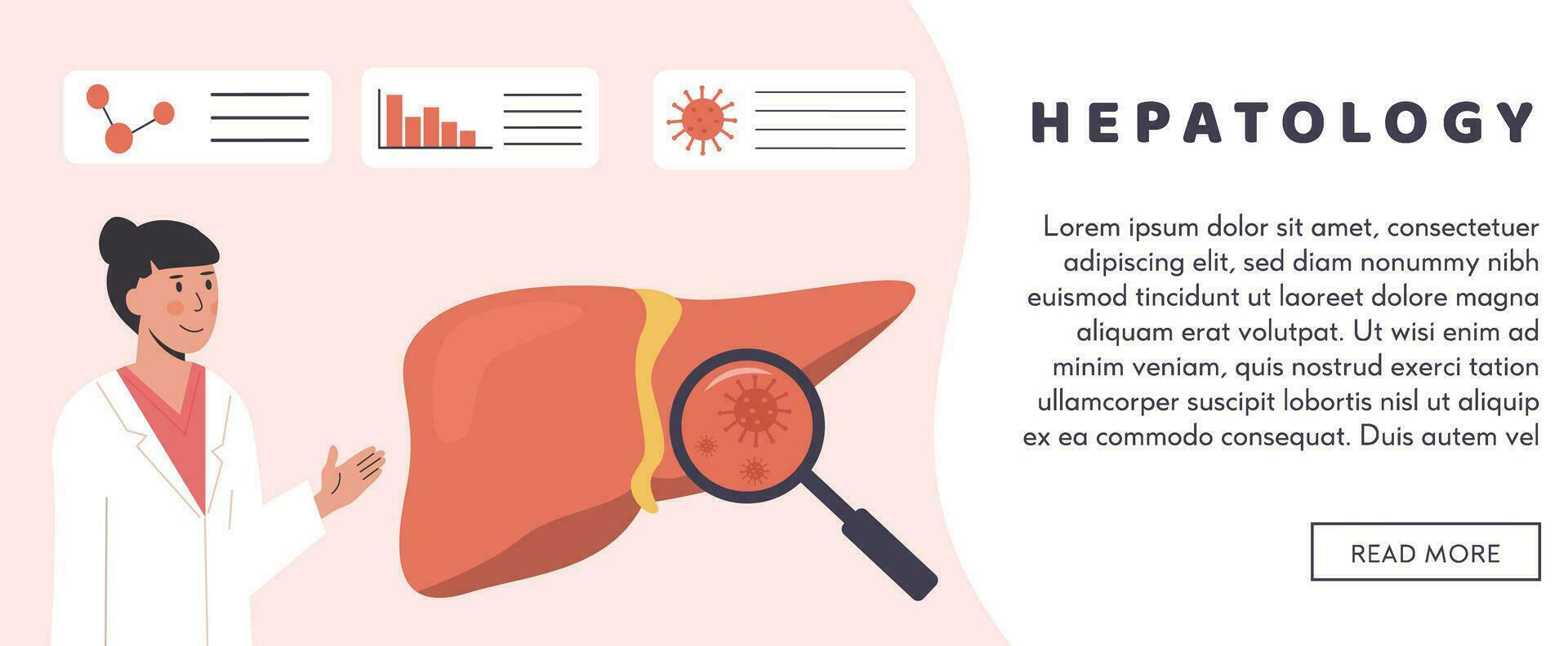 concepto de consultante doctor. hospital cheque arriba. hígado Organo diagnósticos con aumentador vaso. investigador estudiando hígado tejido. médico científico. hepatología. plano vector ilustración.