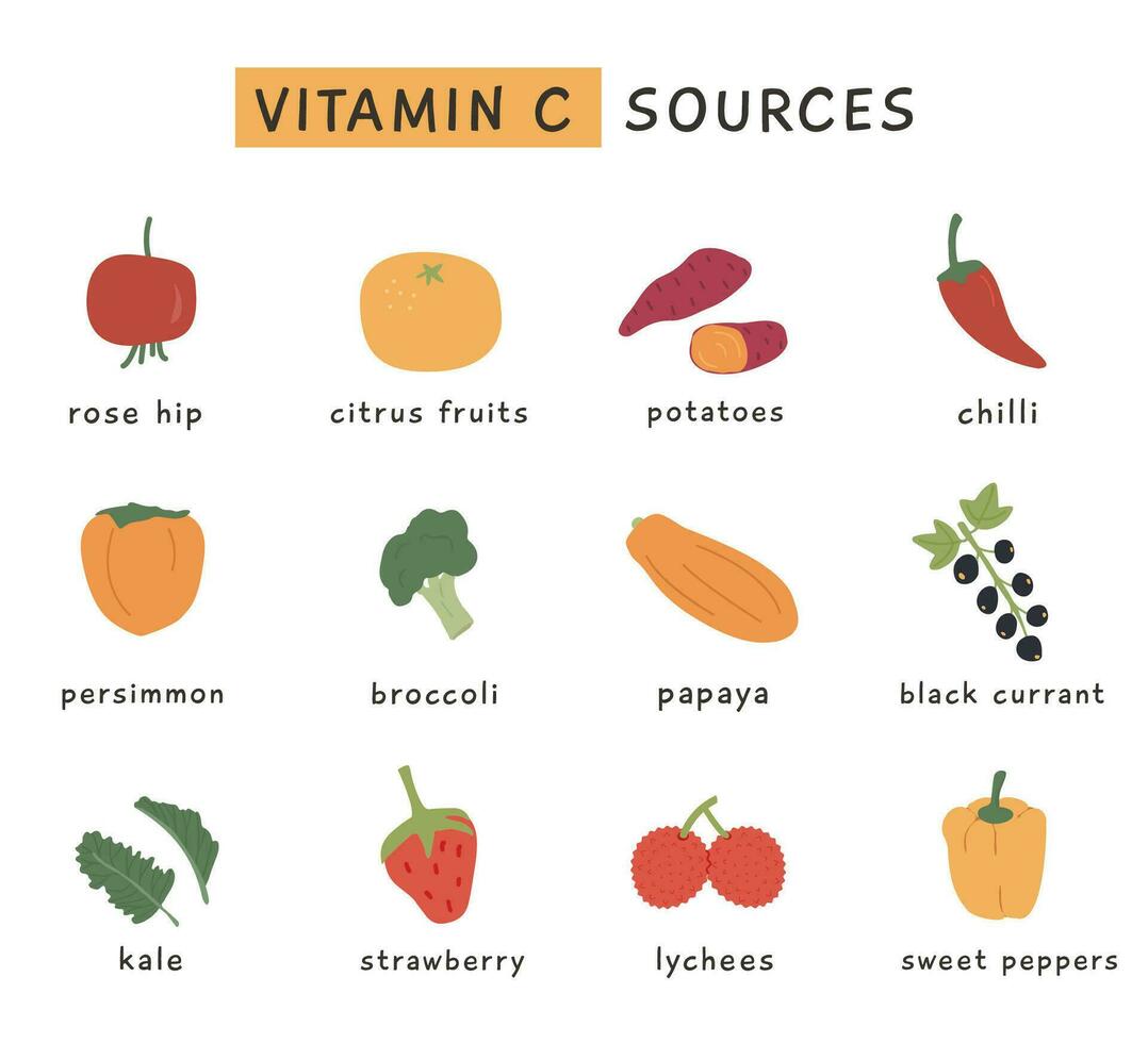 High Vitamin C food sources for healthy diet. An information card with highest vitamins C vegetables and fruits. Dietetic organic nutrition. Vector illustration set in flat style on white background.
