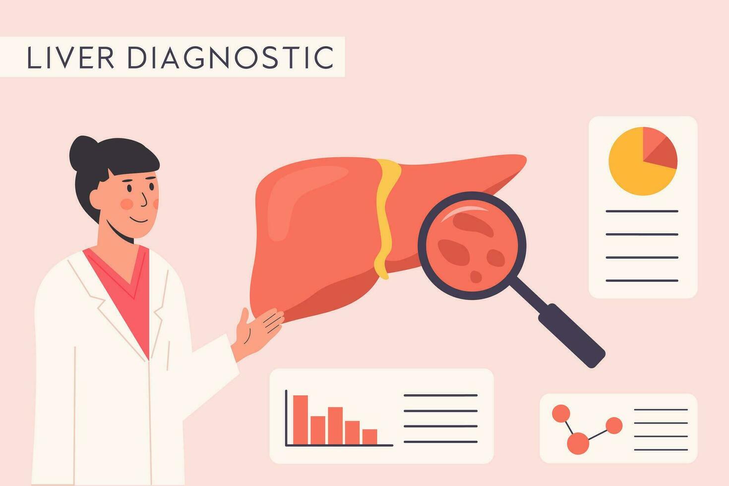 Concept of Consulting Doctor. Hospital Check Up. Liver Organ Diagnostics with magnifying glass. Researcher studying liver tissue. Medical Scientist. Hepatology. Flat Vector Illustration.