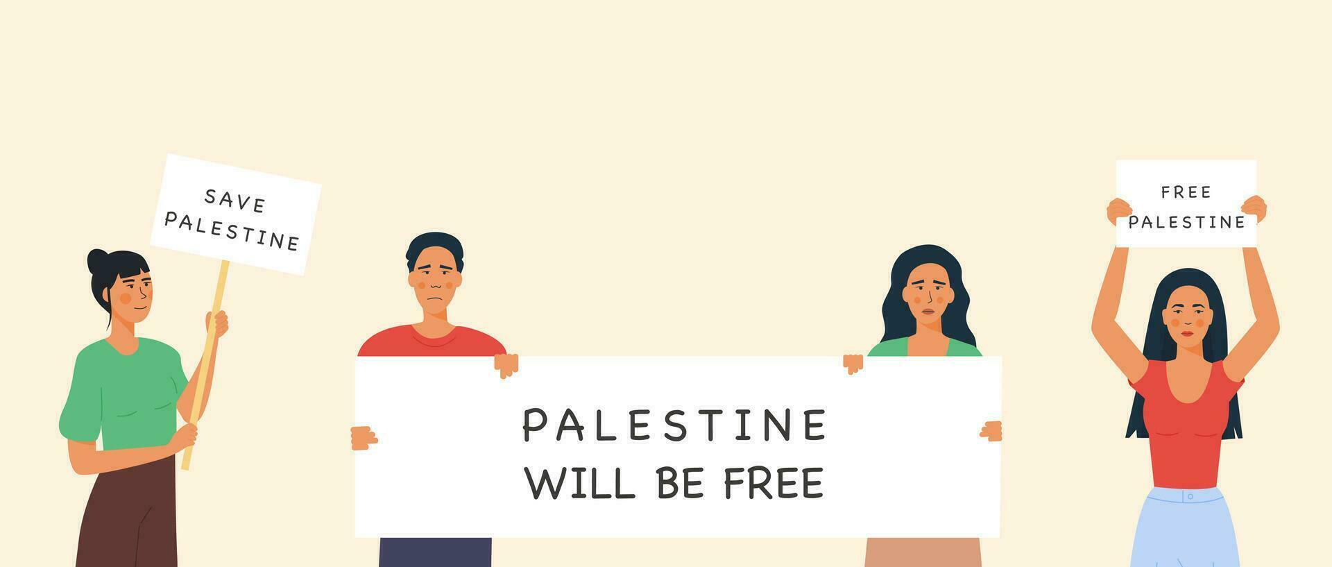 People holding a placard with caption Free Palestine. Concept of war between Israel and Gaza. Fight for Palestinian freedom. Banner Vector Card in flat cartoon style.