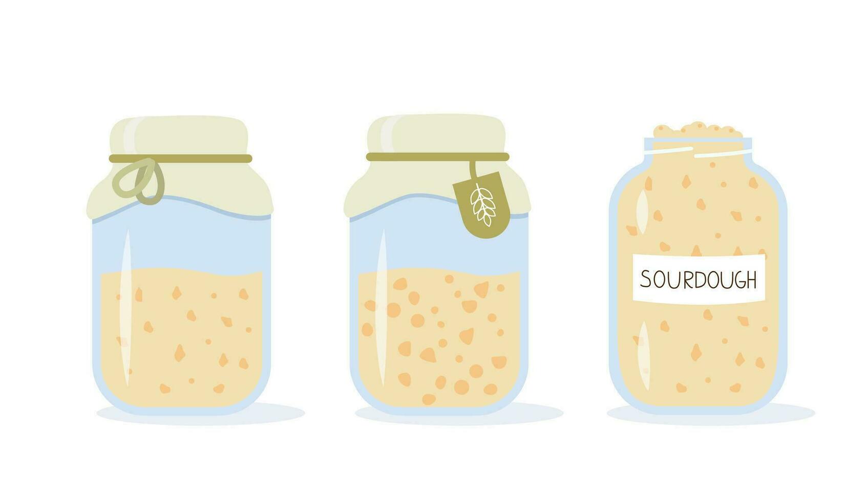 Set of icons of sourdough bread starter in mason jar for home baking. Homemade yeast dough in glass bottle. Healthy organic gluten free diet. Flat cartoon vector illustration.