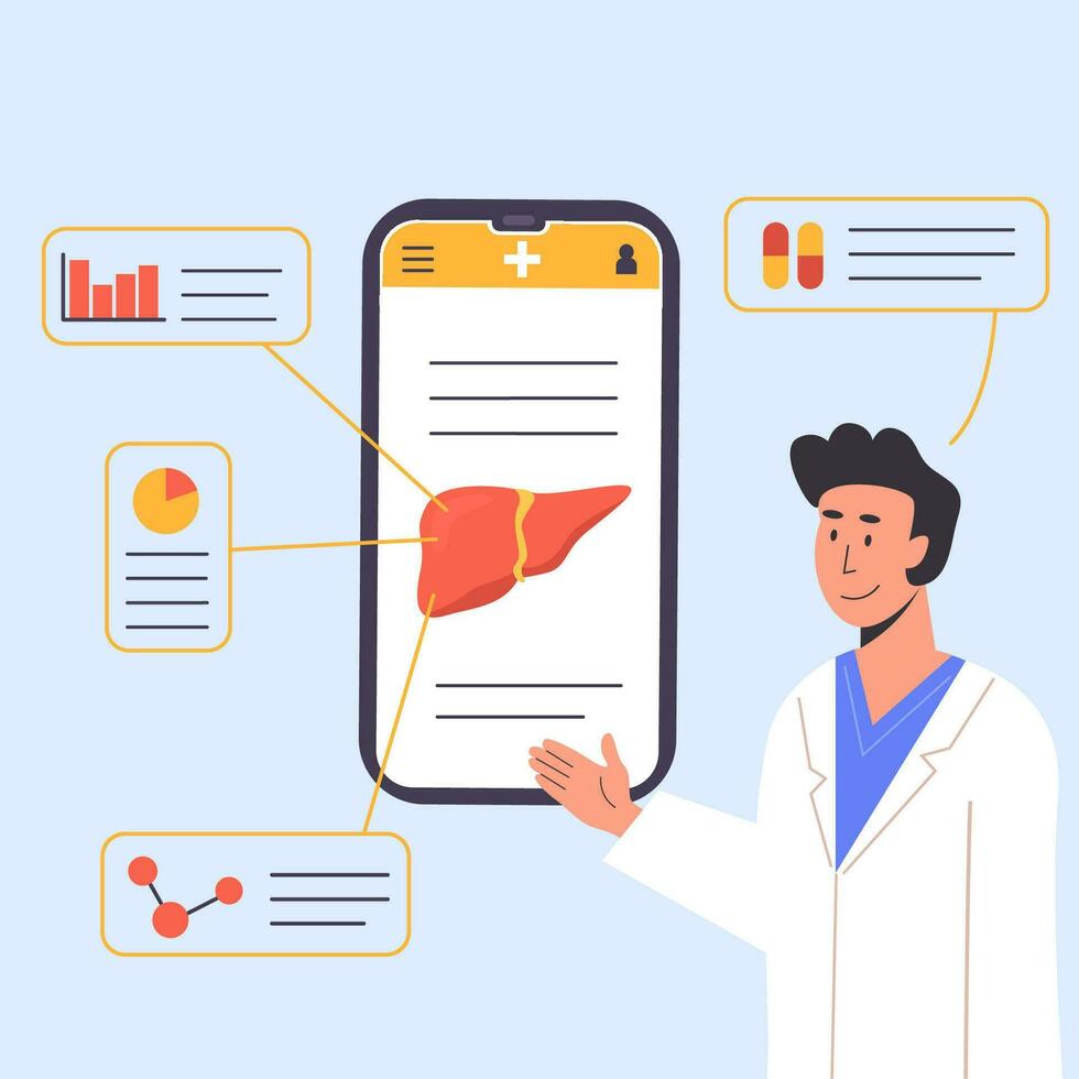 Concept of Consulting Doctor. Hospital Check Up. Liver Organ Diagnostics with magnifying glass. Researcher studying liver tissue. Medical Scientist. Hepatology. Flat Vector Illustration.