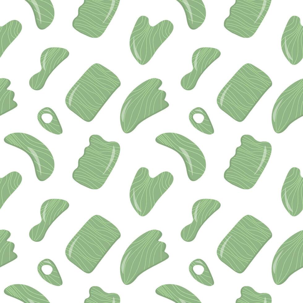 Seamless pattern with Rose Quartz Gua Sha and Jade Scraping Massage tool. Natural pink scraper and green stone roller in different shapes. Trendy skin care. Vector flat style background.