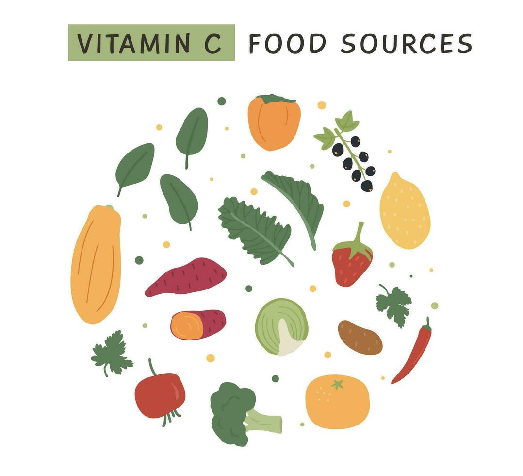 High Vitamin C food sources for healthy diet. An information card with