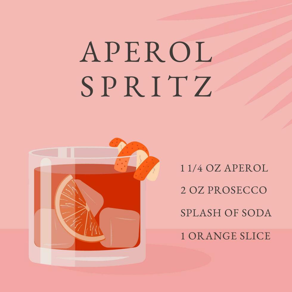 Aperol Spritz Cocktail recipe. Classical Summer Alcoholic Beverage in glass with ice and orange slice with tropical palm shadow. Italian aperitif on rocks with citrus peel. Vector flat illustration.