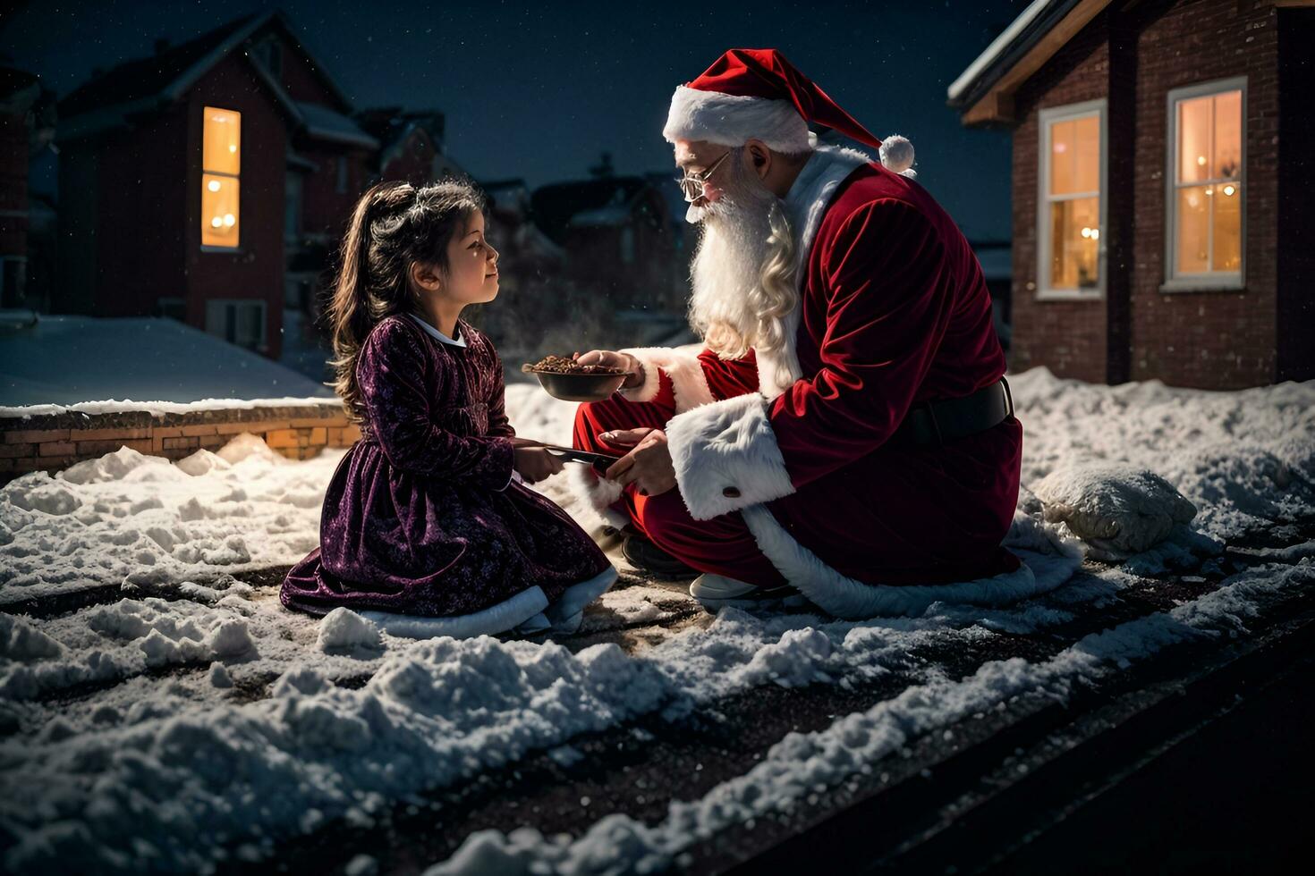 ai generado Papa Noel claus y un pequeño niña son sentado en un techo foto