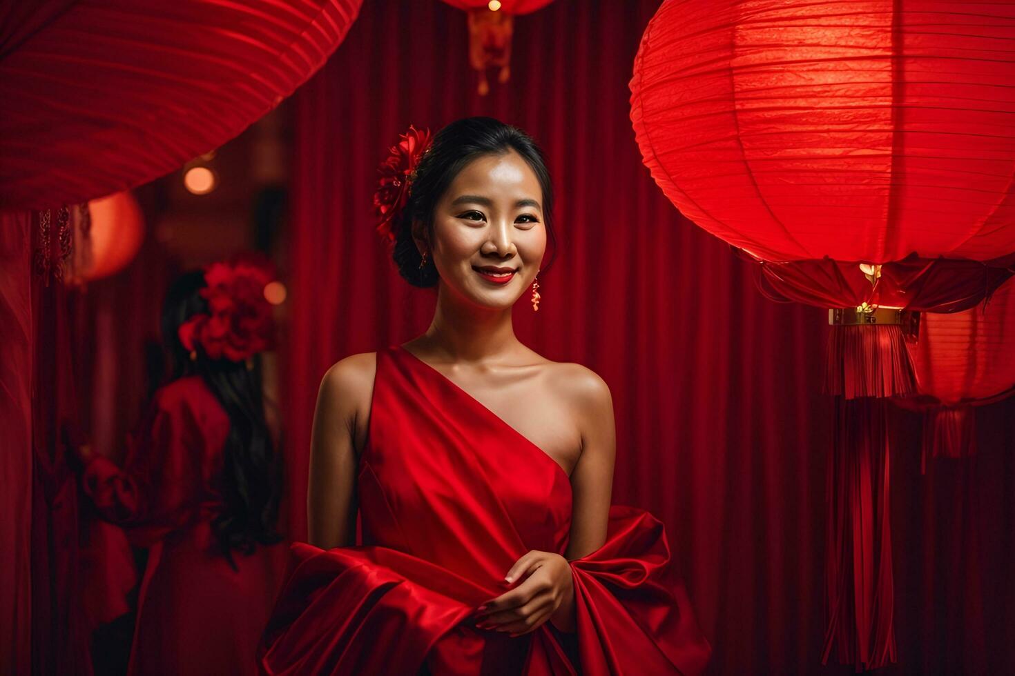 ai generado un mujer en un rojo vestir participación un rojo ventilador foto