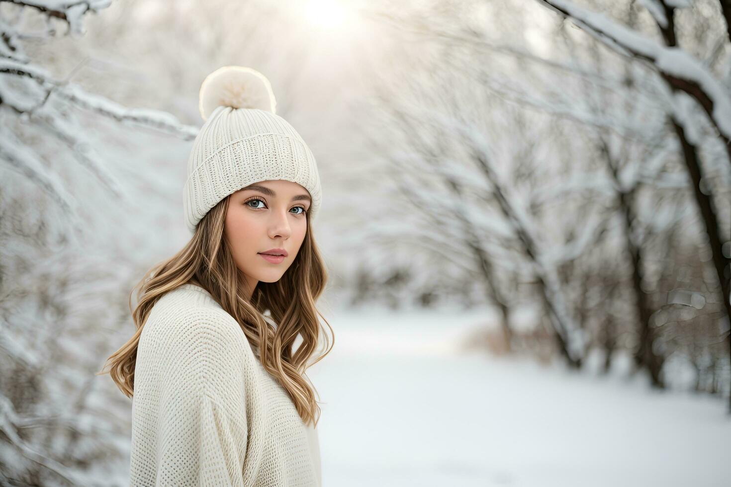 AI generated Beautiful young woman in warm sweater with hat on white background photo