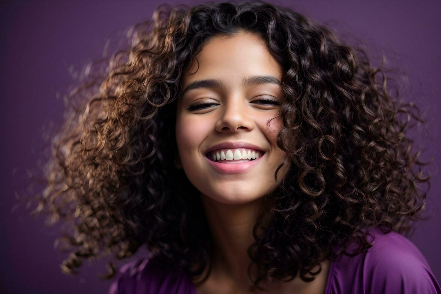 AI generated Joyful girl with curly brown hair dancing on purple background with kissing face expression photo