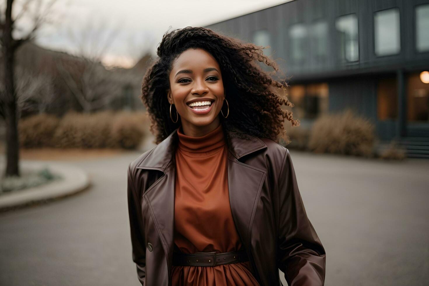 AI generated Pretty brunette woman laughs and walks outside photo