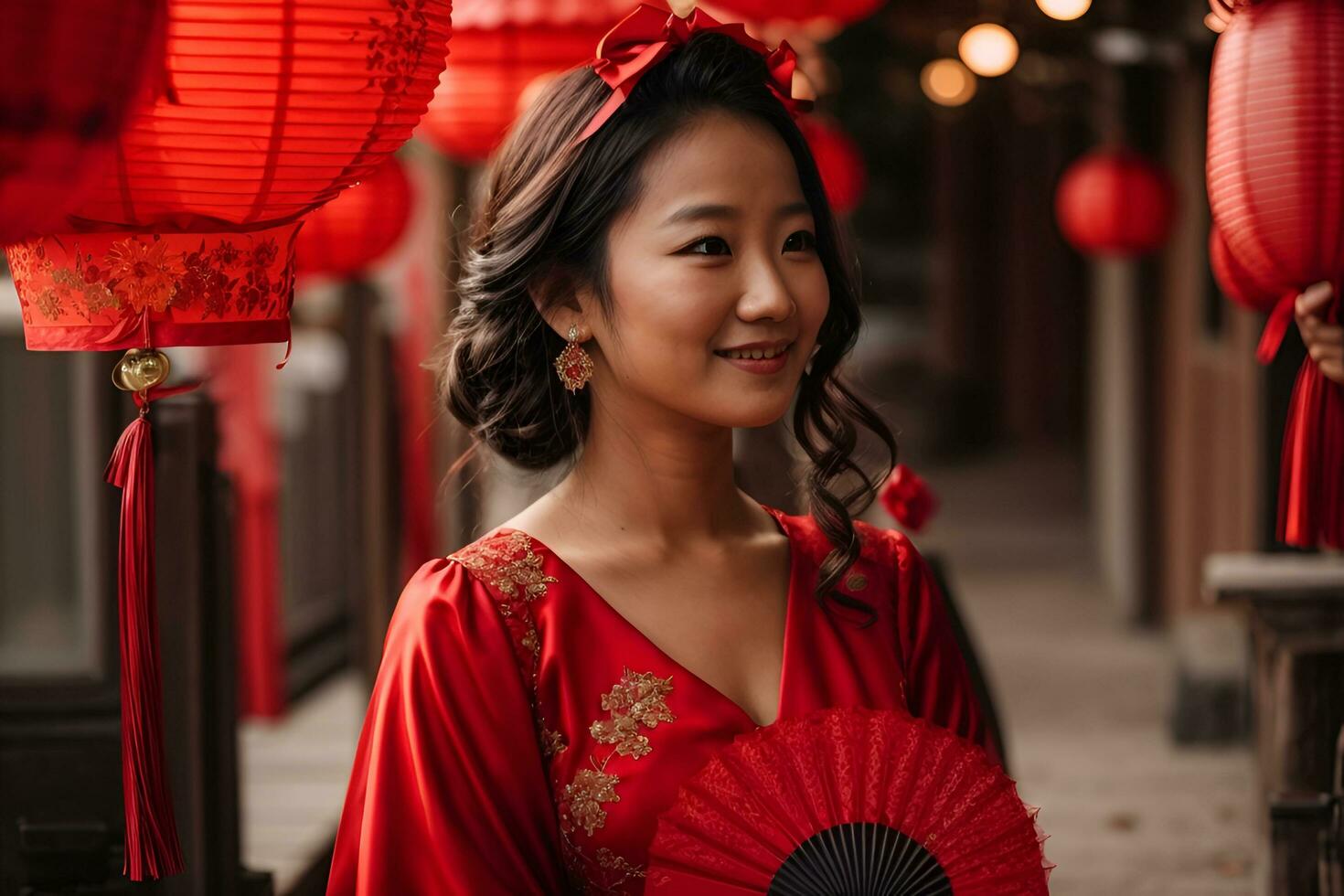 AI generated a woman in a red dress holding a red fan photo