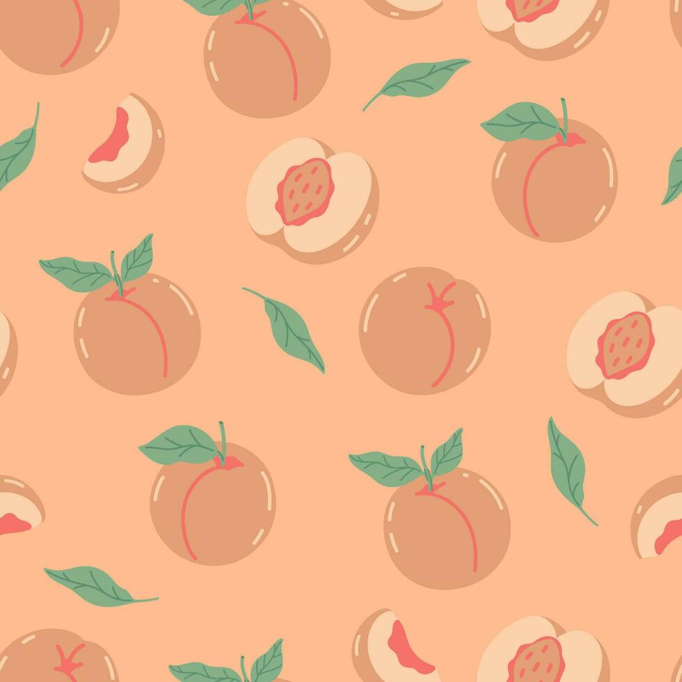 Seamless pattern with peaches and leaves. Peach Fuzz the trendy color of the 2024. vector
