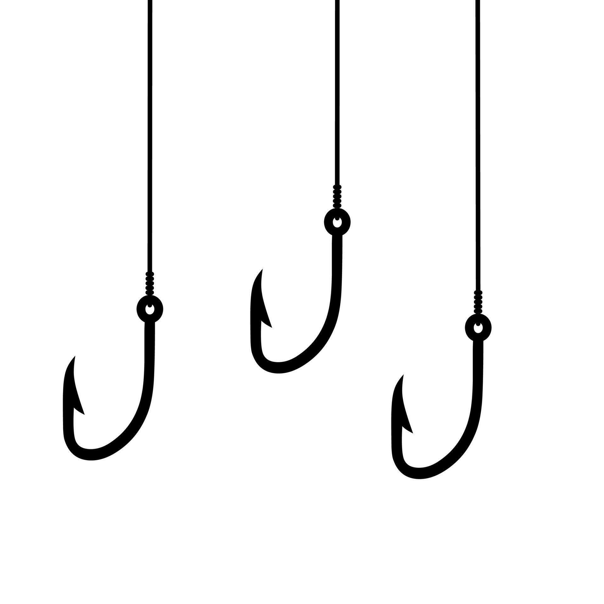 Vector illustration of three fishing hooks hanging on a white