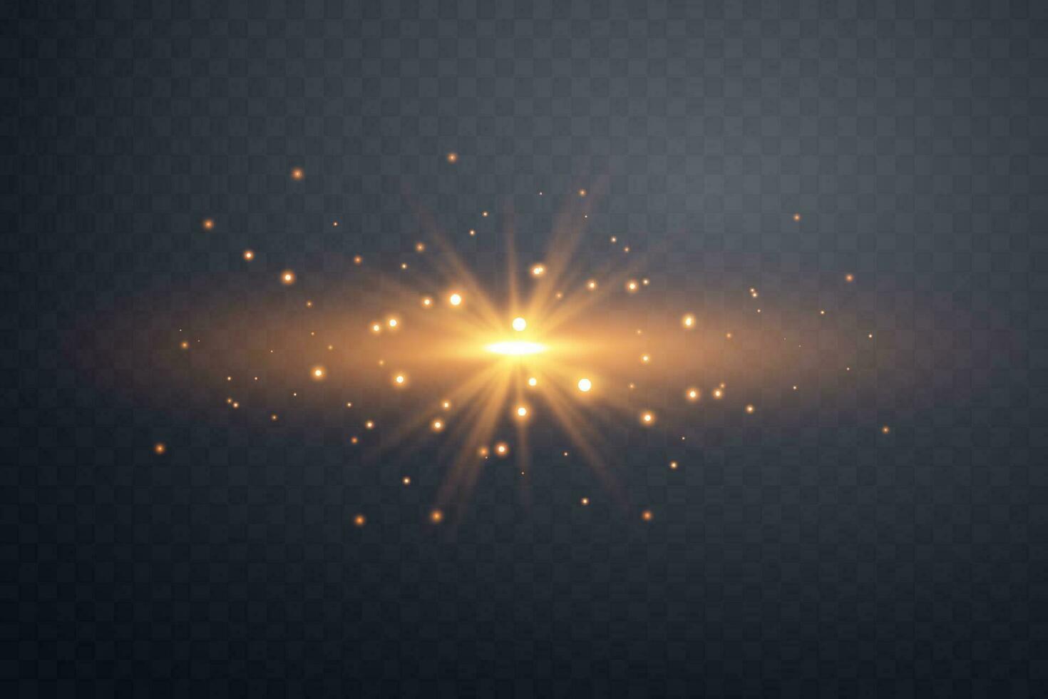 Orange horizontal lensflare. Light flash with rays or spotlight and bokeh. Orange glow flare light effect. Vector illustration.