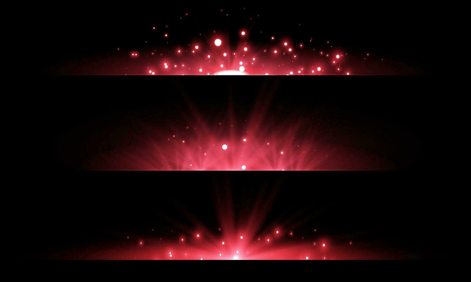 Red horizontal lensflares set. Light flash with rays or green spotlight. Glow flares light effect. Vector illustration. Isolated on black background.