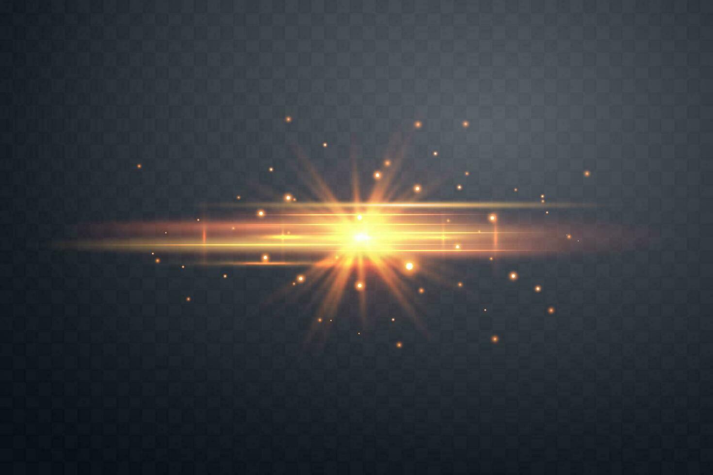 Orange horizontal lensflare. Light flash with rays or spotlight and bokeh. Orange glow flare light effect. Vector illustration.