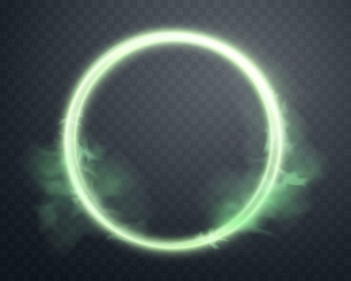 Green magic glowing ring with smoke. Neon realistic energy flare halo ring. Abstract light effect. Vector illustration.