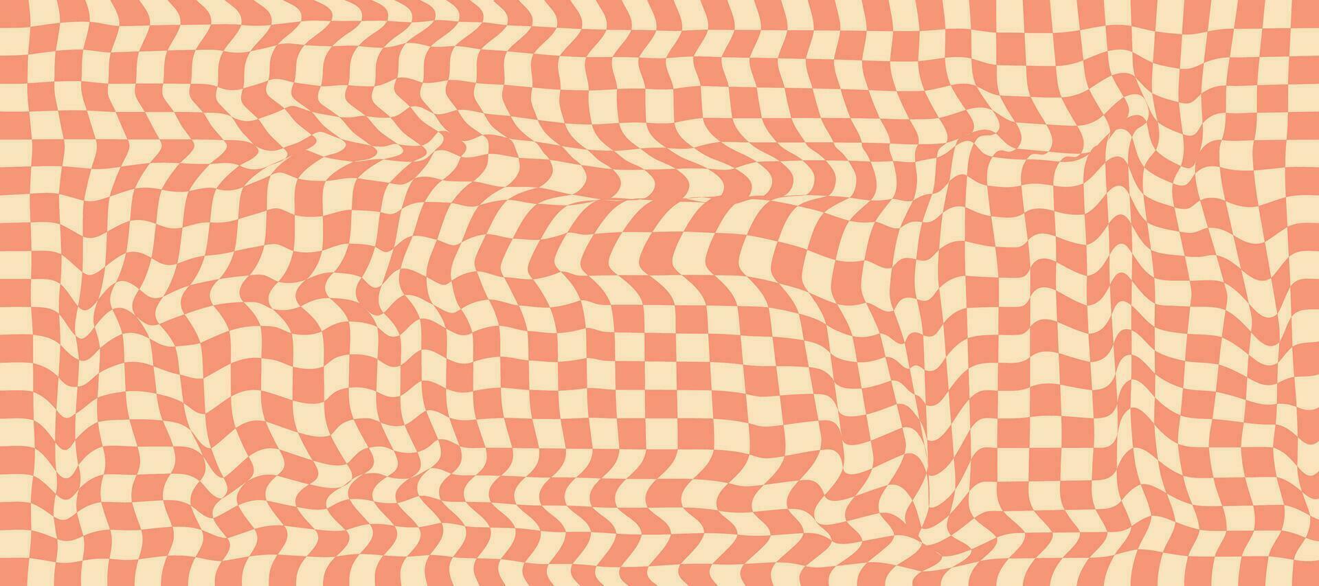 Distorted checkered orange and yellow texture. Psychedelic grid, groovy y2k style. Chessboard aesthetic ornament. Wave retro vector background.