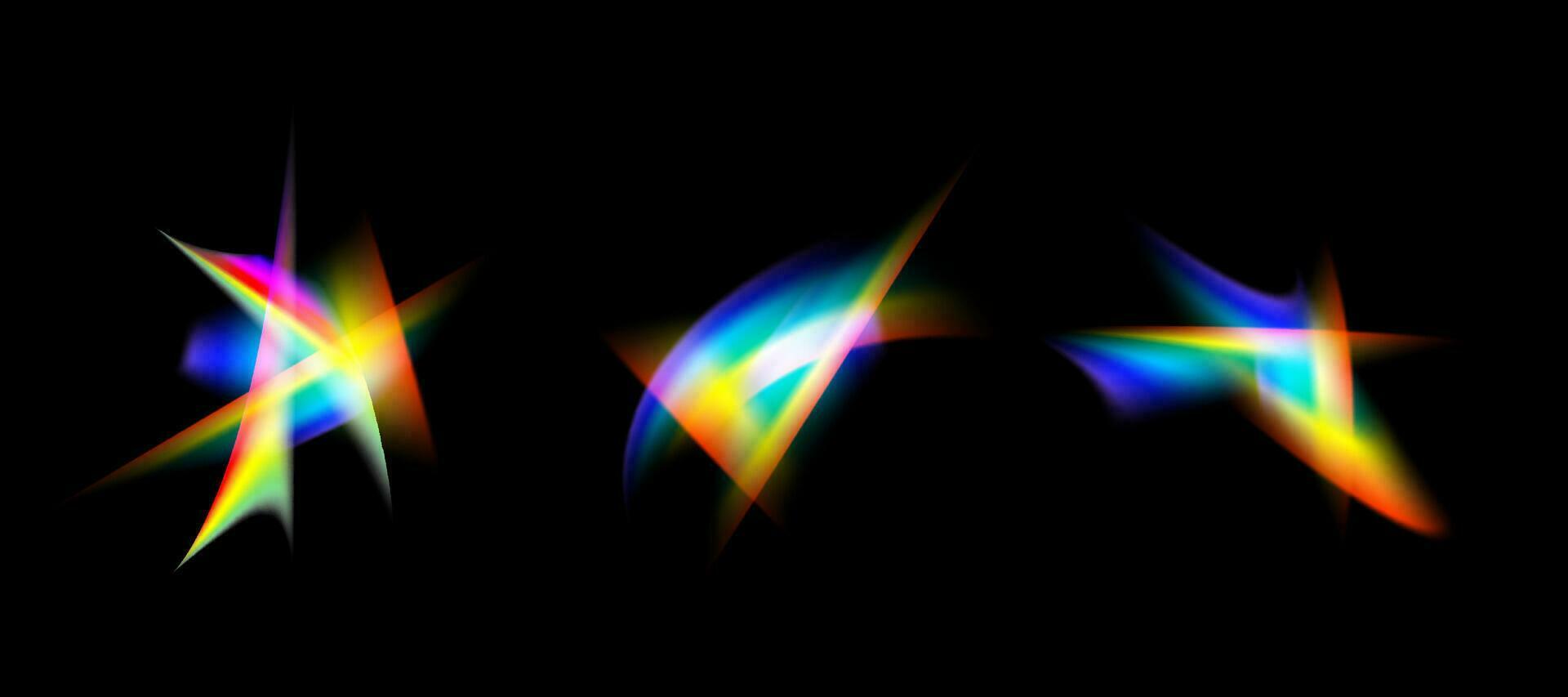 Blurred rainbow refraction overlay effect set. Light lens prism effect on black background. Holographic reflection, crystal flare leak shadow overlay. Vector abstract illustration.