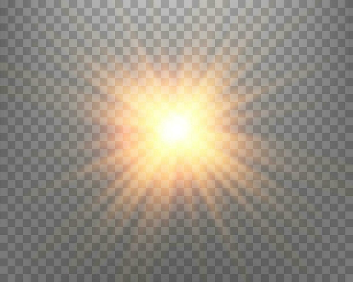 Orange  sunlight lens flare, sun flash with rays and spotlight. Glowing burst explosion. Vector illustration.