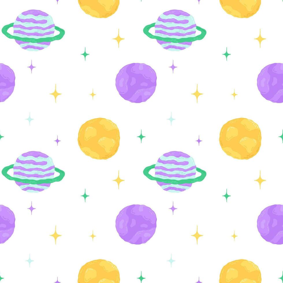 Baby cute seamless pattern with space elements on white background. Hand drawn flat cartoon style. Vector illustration