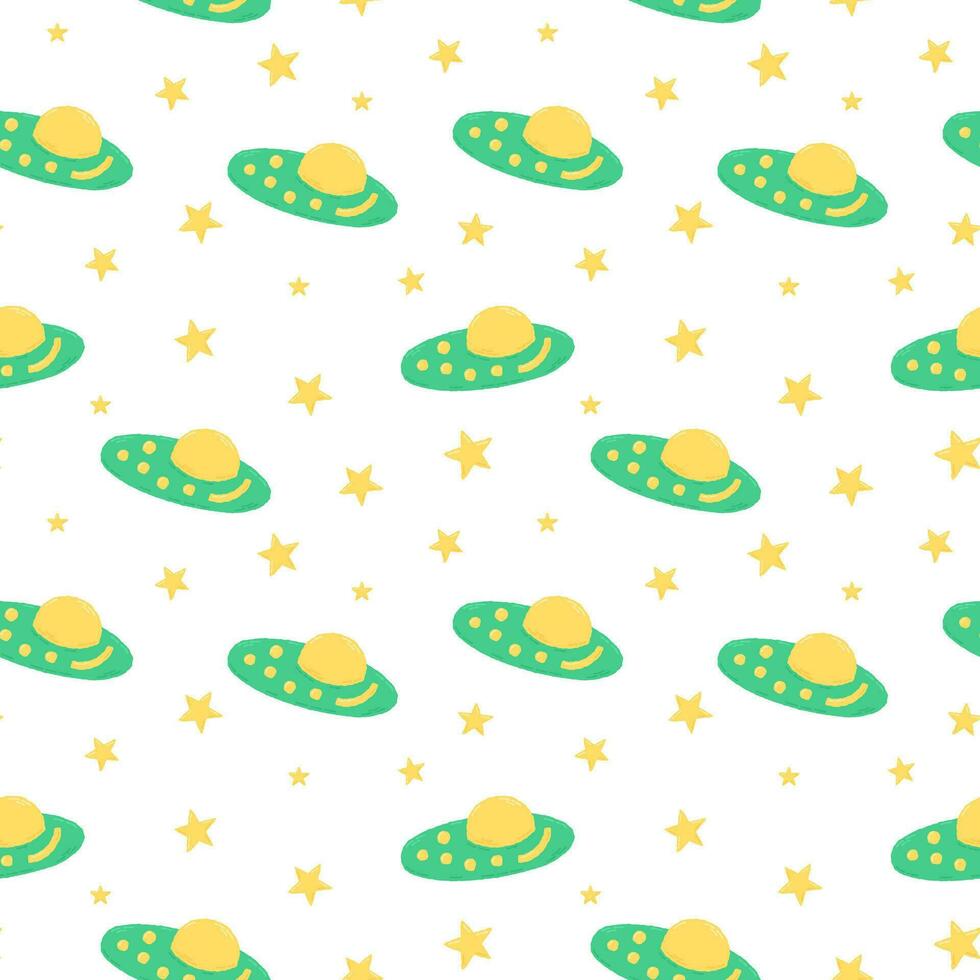 Baby cute seamless pattern with space elements on white background. Hand drawn flat cartoon style. Vector illustration