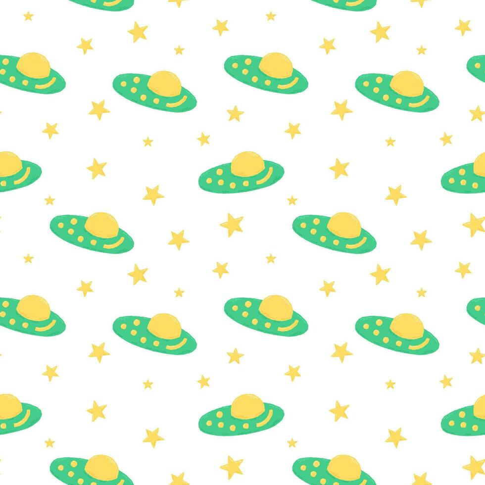 Baby cute seamless pattern with space elements on white background. Hand drawn flat cartoon style. Vector illustration