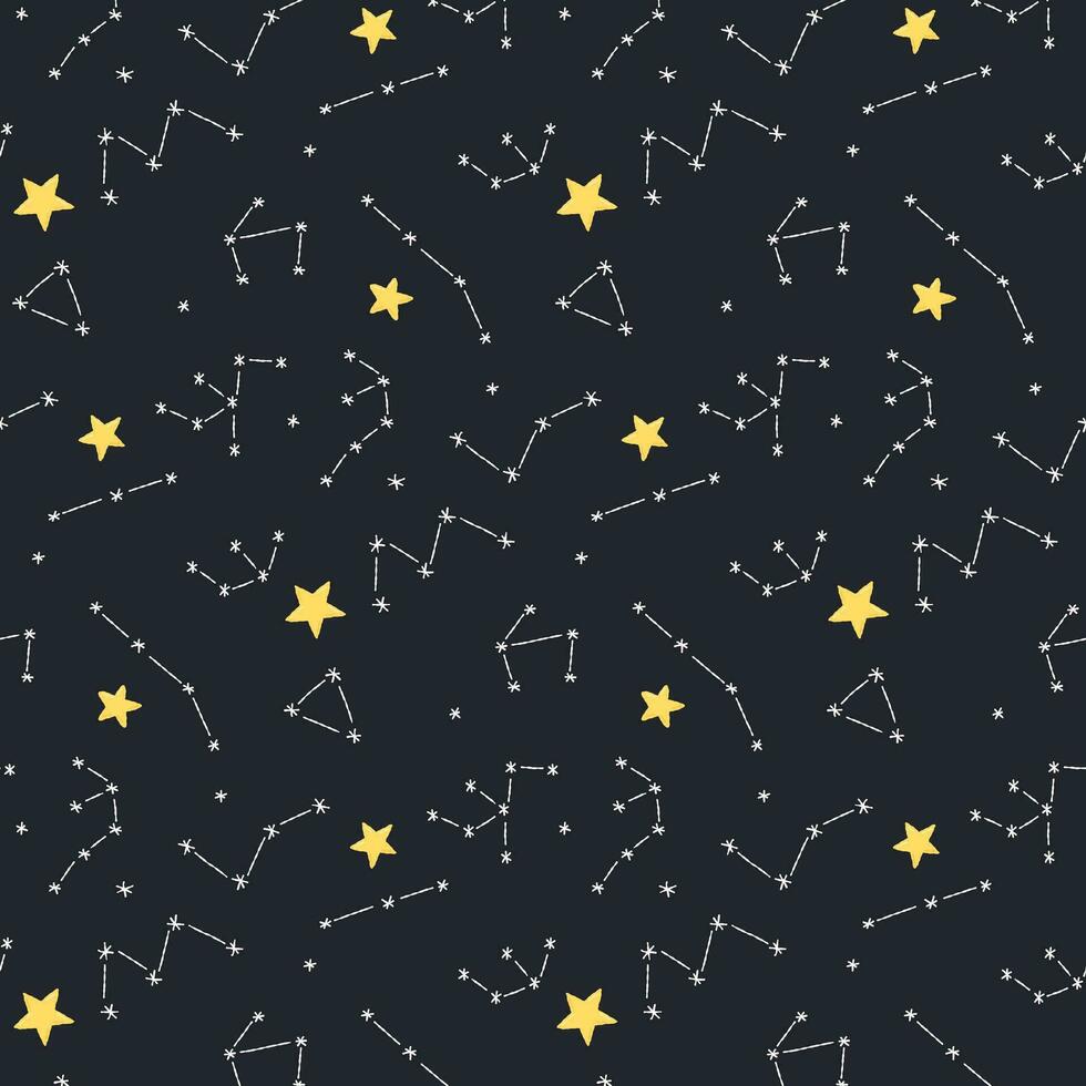 Baby cute seamless pattern with space elements on dark background. Hand drawn flat cartoon style. Vector illustration