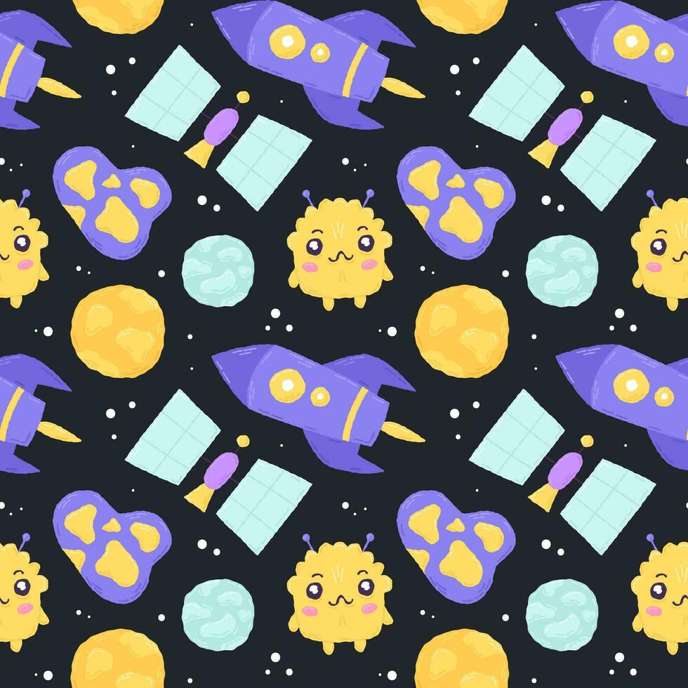Baby cute seamless pattern with space elements on dark background. Hand drawn flat cartoon style. Vector illustration