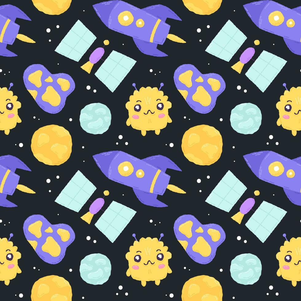 Baby cute seamless pattern with space elements on dark background. Hand drawn flat cartoon style. Vector illustration