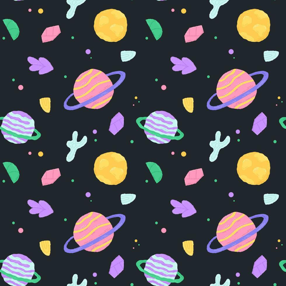 Baby cute seamless pattern with space elements on dark background. Hand drawn flat cartoon style. Vector illustration