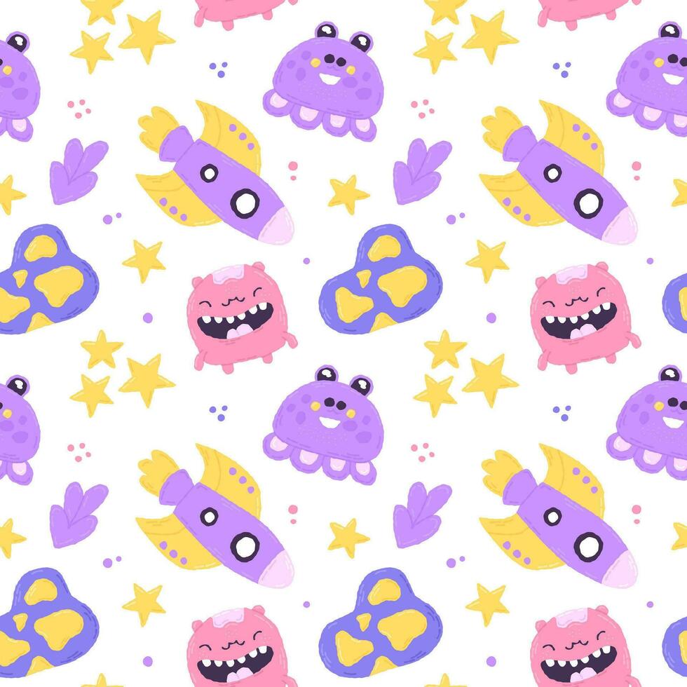 Baby cute seamless pattern with space elements on white background. Hand drawn flat cartoon style. Vector illustration