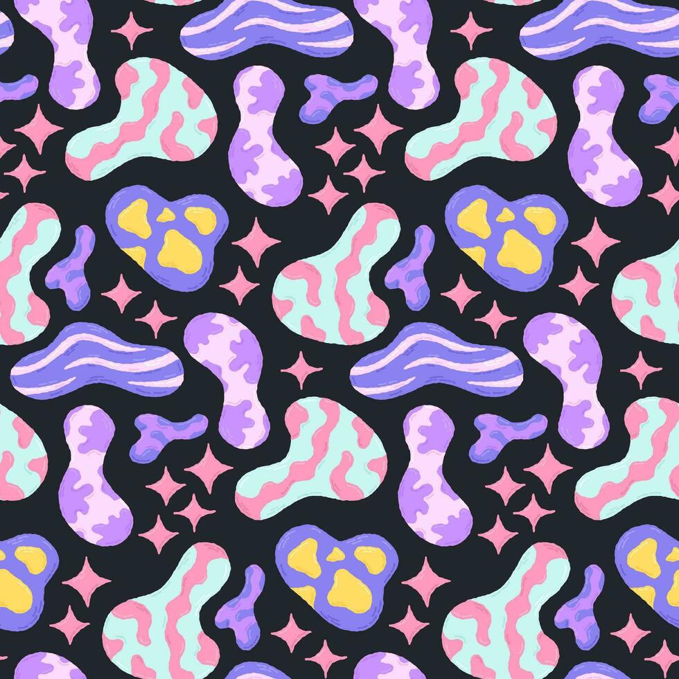 Baby cute seamless pattern with space elements on dark background. Hand drawn flat cartoon style. Vector illustration