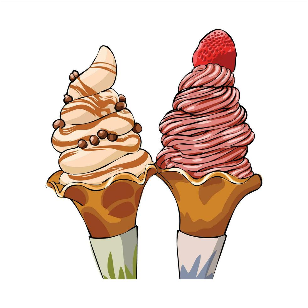 delicious ice cream with strawberry topping vector