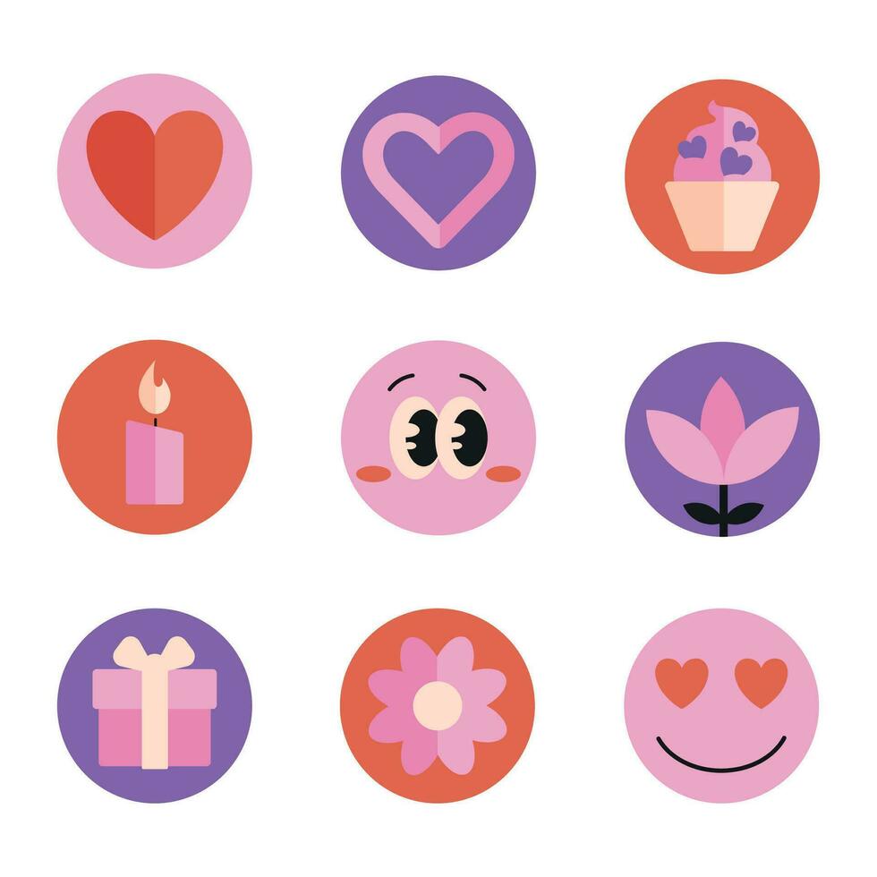 Set of Valentine Day icons, round flat stickers with romantic symbols, flower and characters. Vector illustration.
