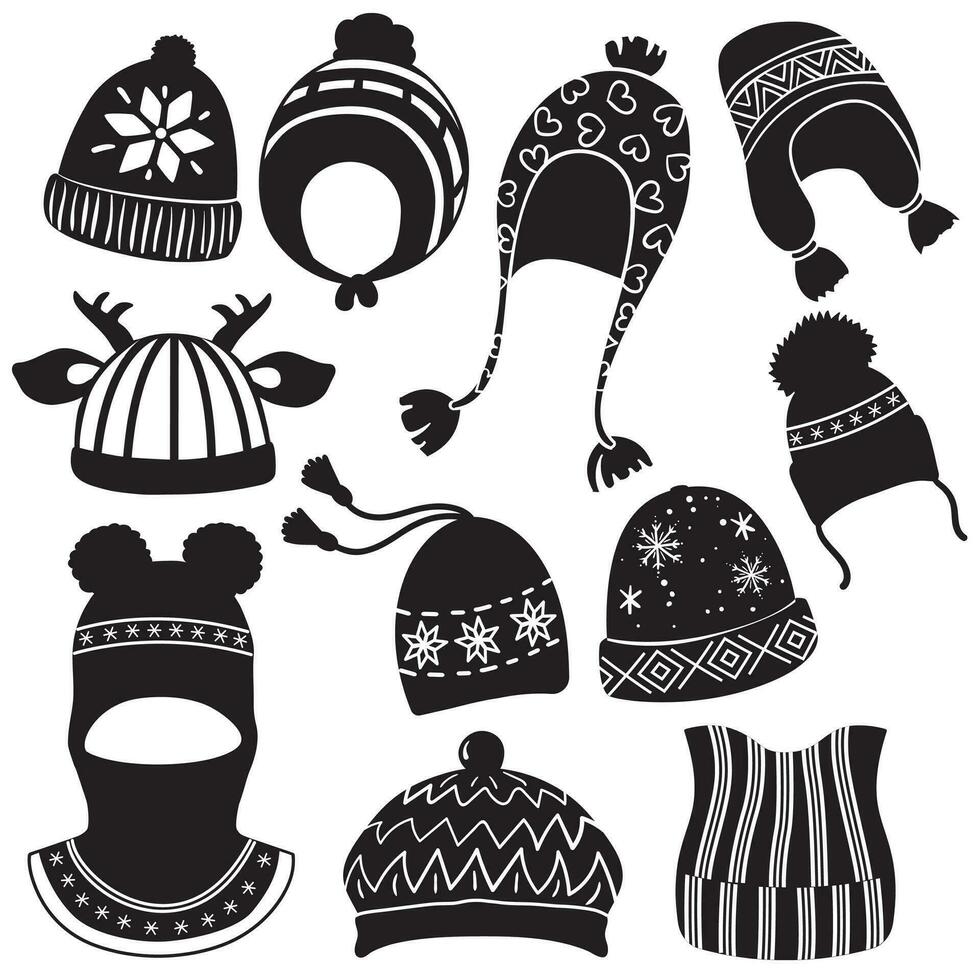 Winter hats black silhouette, vector illustration isolated on white background