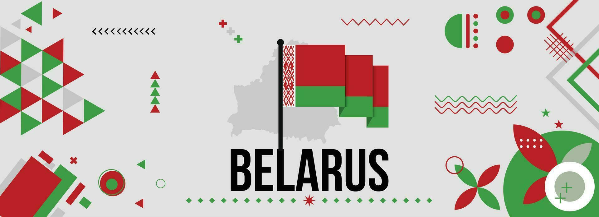 Belarus national or independence day banner for country celebration. Flag and map of Belarus with raised fists. Modern retro design with typorgaphy abstract geometric icons. Vector illustration.
