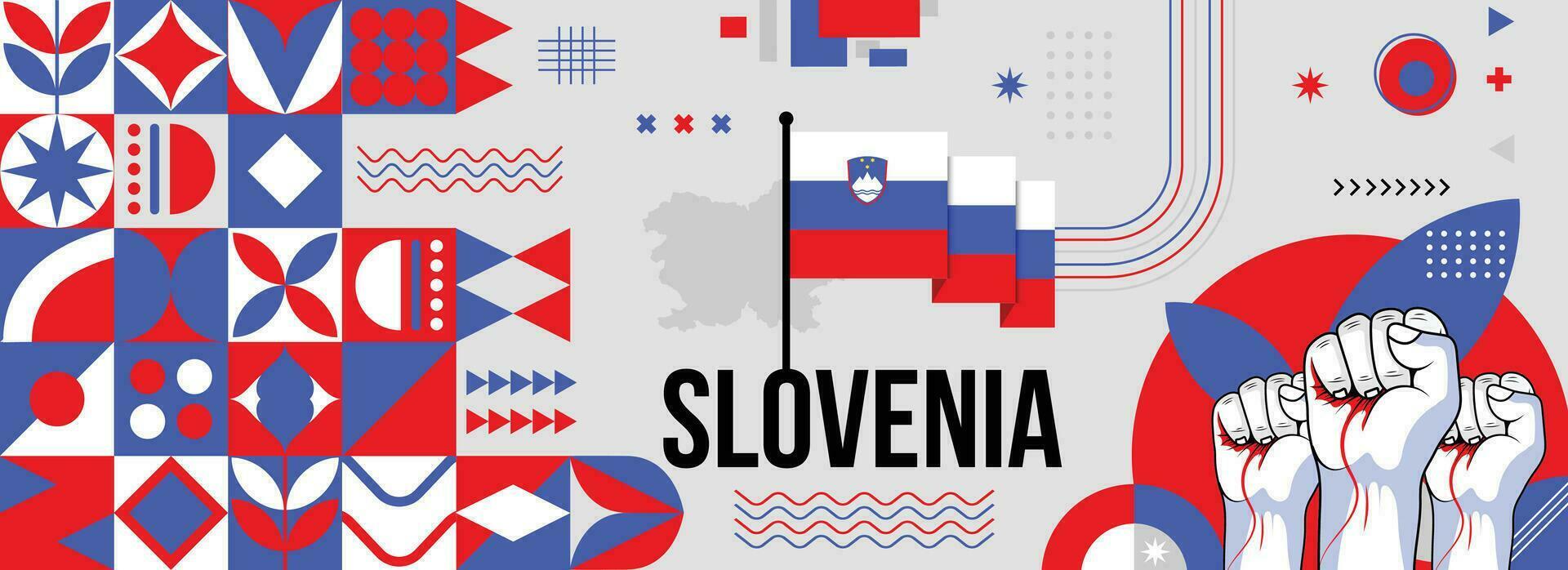 Slovenia national or independence day banner for country celebration. Flag and map of Slovenia with raised fists. Modern retro design with typorgaphy abstract geometric icons. Vector illustration