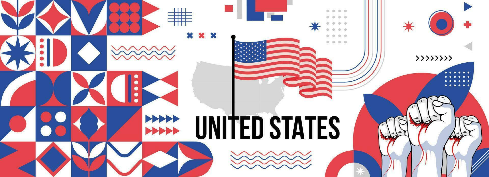 Estados Unidos nacional o independencia día bandera para país celebracion. bandera y mapa de unido estados con elevado puños moderno retro diseño con tiporgafia resumen geométrico iconos vector ilustración