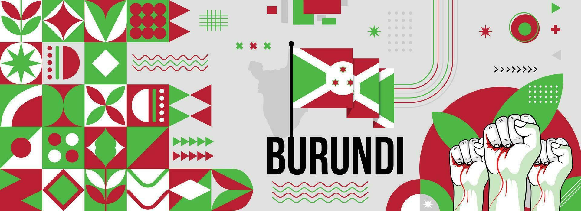 Burundi national or independence day banner for country celebration. Flag and map of Burundi with raised fists. Modern retro design with typorgaphy abstract geometric icons. Vector illustration