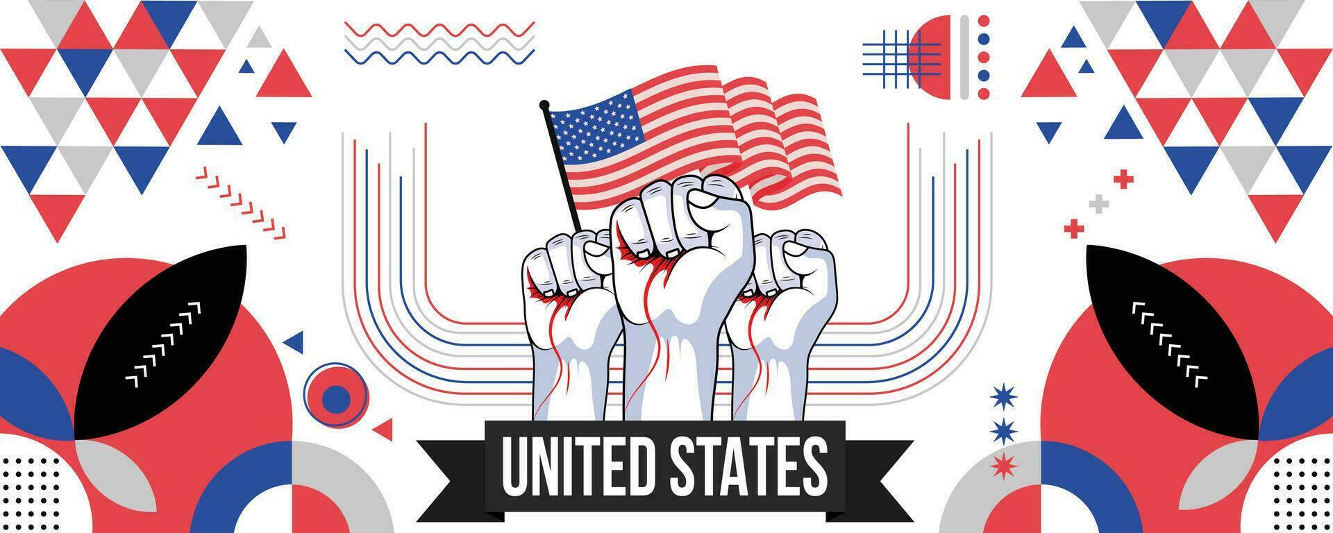 USA national or independence day banner for country celebration. Flag of United states with raised fists. Modern retro design with typorgaphy abstract geometric icons. Vector illustration.