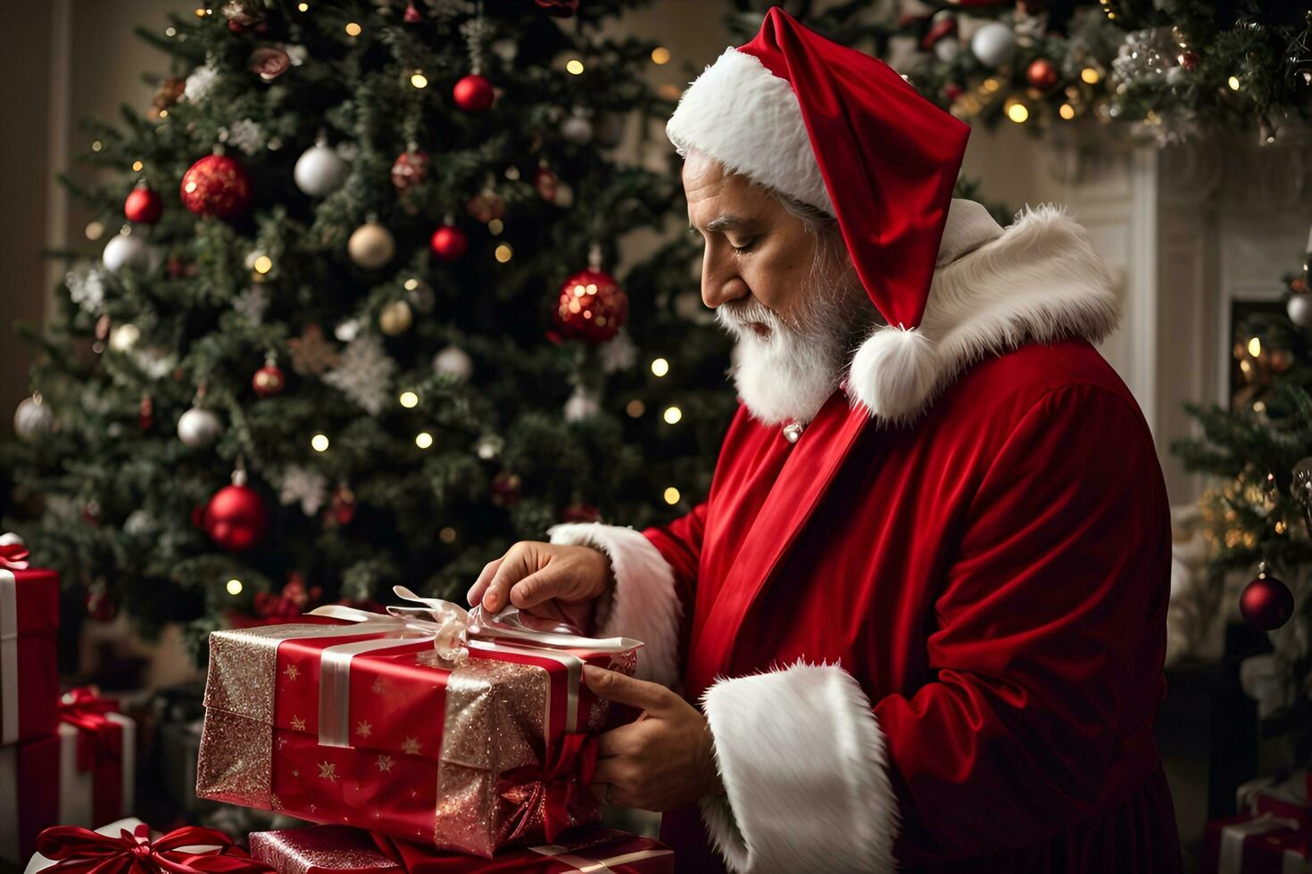 ai generado pelo estilo calle Moda besanta claus es apertura un regalo bolso siguiente a un Navidad árbol foto