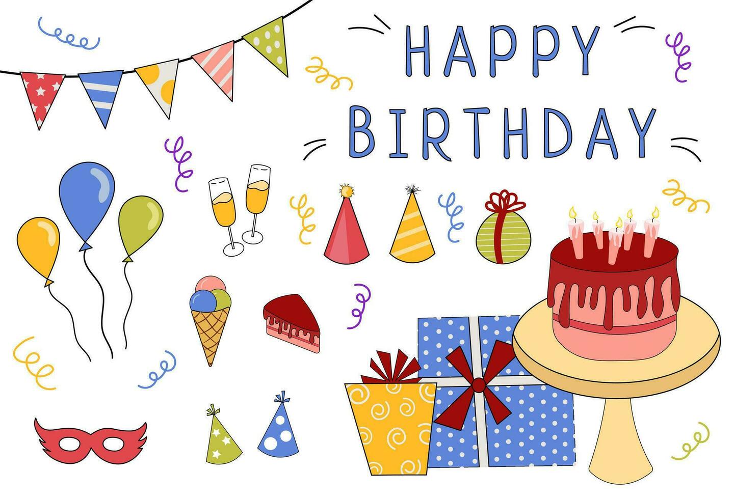 Birthday elements with an outline vector