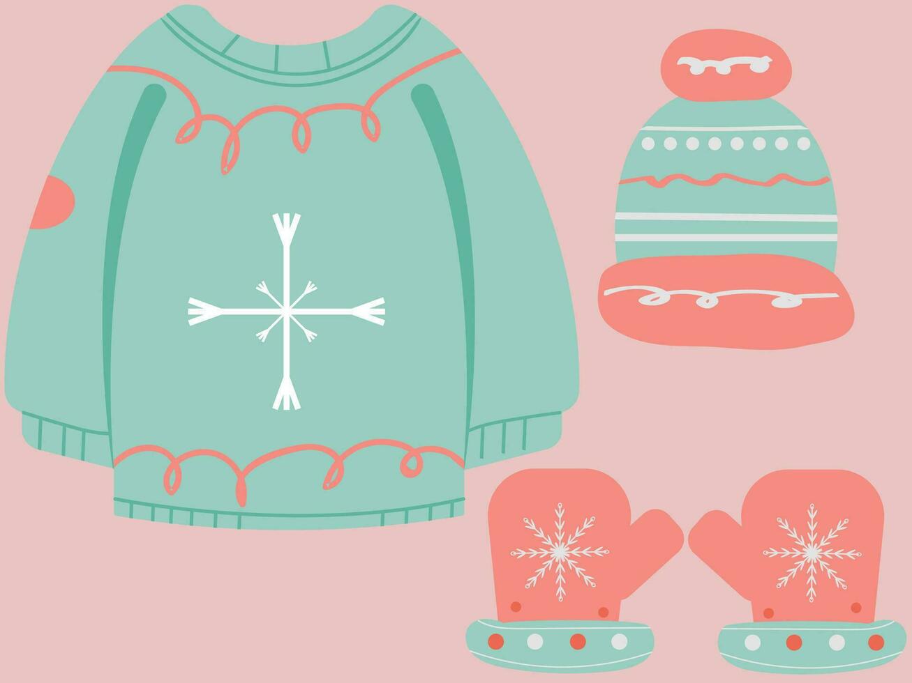 invierno calentar ropa conjunto suéter sombrero mano guantes feo Navidad suéter camisa de entrenamiento Clásico copo de nieve ropa vector ilustración